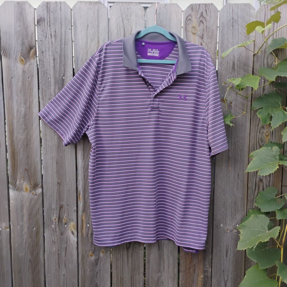 Under Armour Polo Shirt Loose Fit Heat Gear Golf 2XL Purple Striped Performance